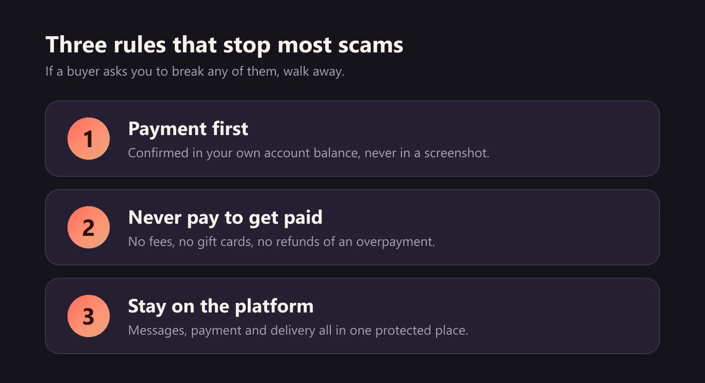 Three rules that stop most scams: payment first, never pay to get paid, and stay on the platform